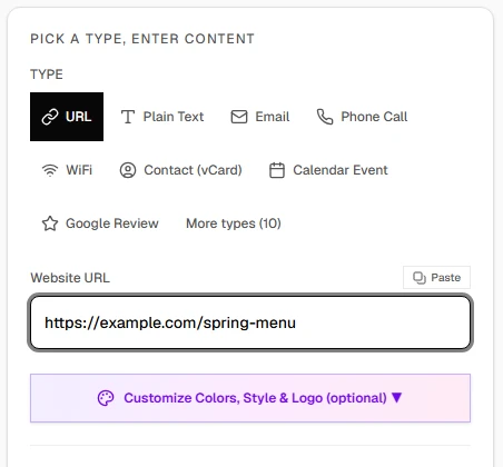 Link2QR generator with type buttons URL, Plain Text, Email, Phone Call, WiFi, Contact (vCard), Calendar Event and Google Review, URL selected, and https://example.com/spring-menu entered in the Website URL field