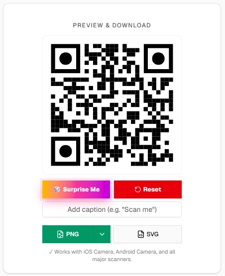 Link2QR QR code preview with PNG and SVG download buttons beneath it and an arrow next to PNG for more formats